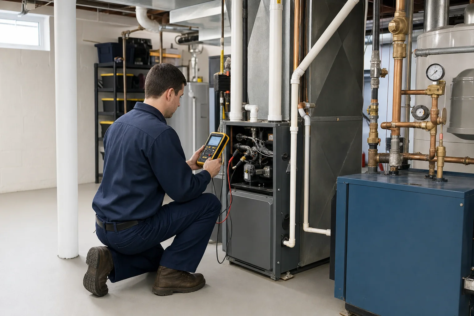 A professional technician carefully inspecting a home heating system